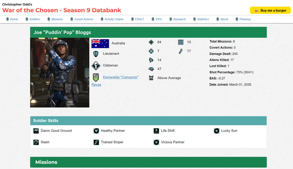 Screenshot of a soldier information page of the XCOM Databank