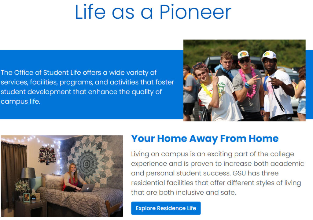 A picture of Glenville State University's student life page