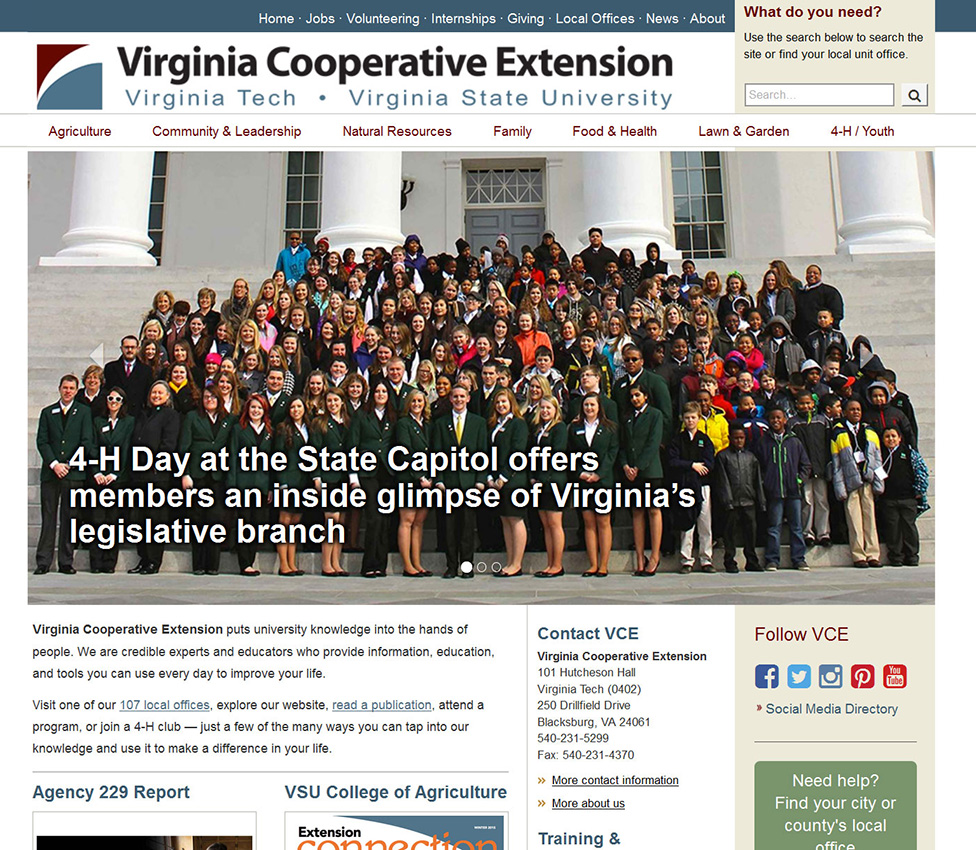 A screenshot of Virginia Cooperative Extension's homepage from 2017